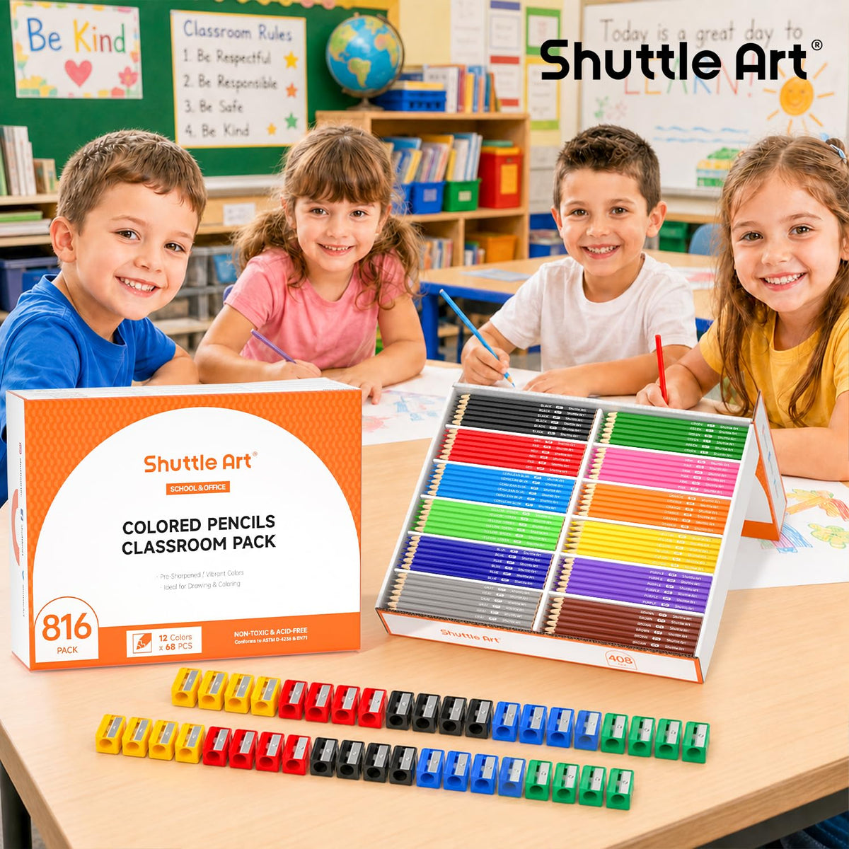 Shuttle Art 816 PCS Colored Pencils Bulk, 12 Colors, Pre-sharpened for Kids