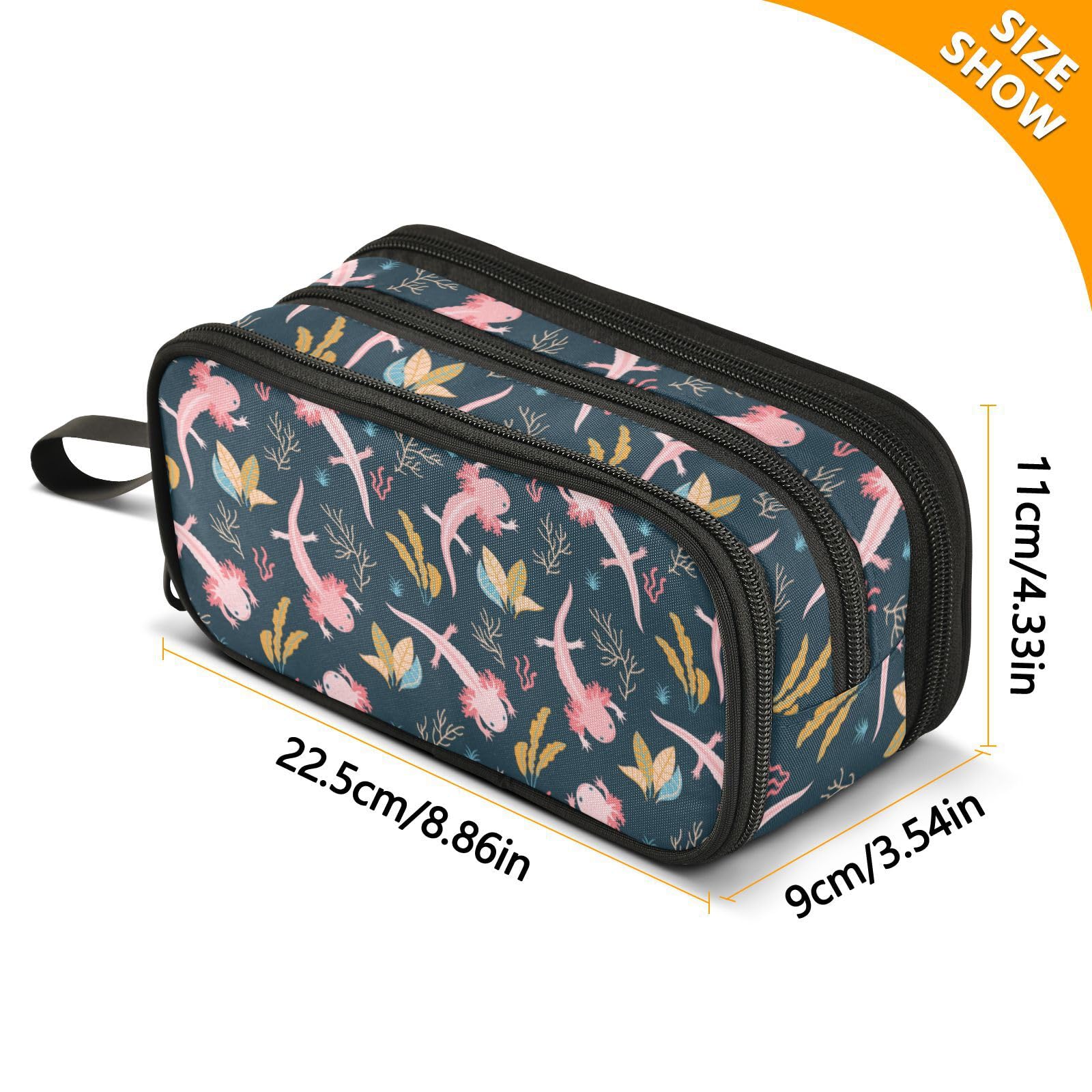 Sletend Pencil Case Cute Axolotl Salamander 3 Compartments Pencil Pouch
