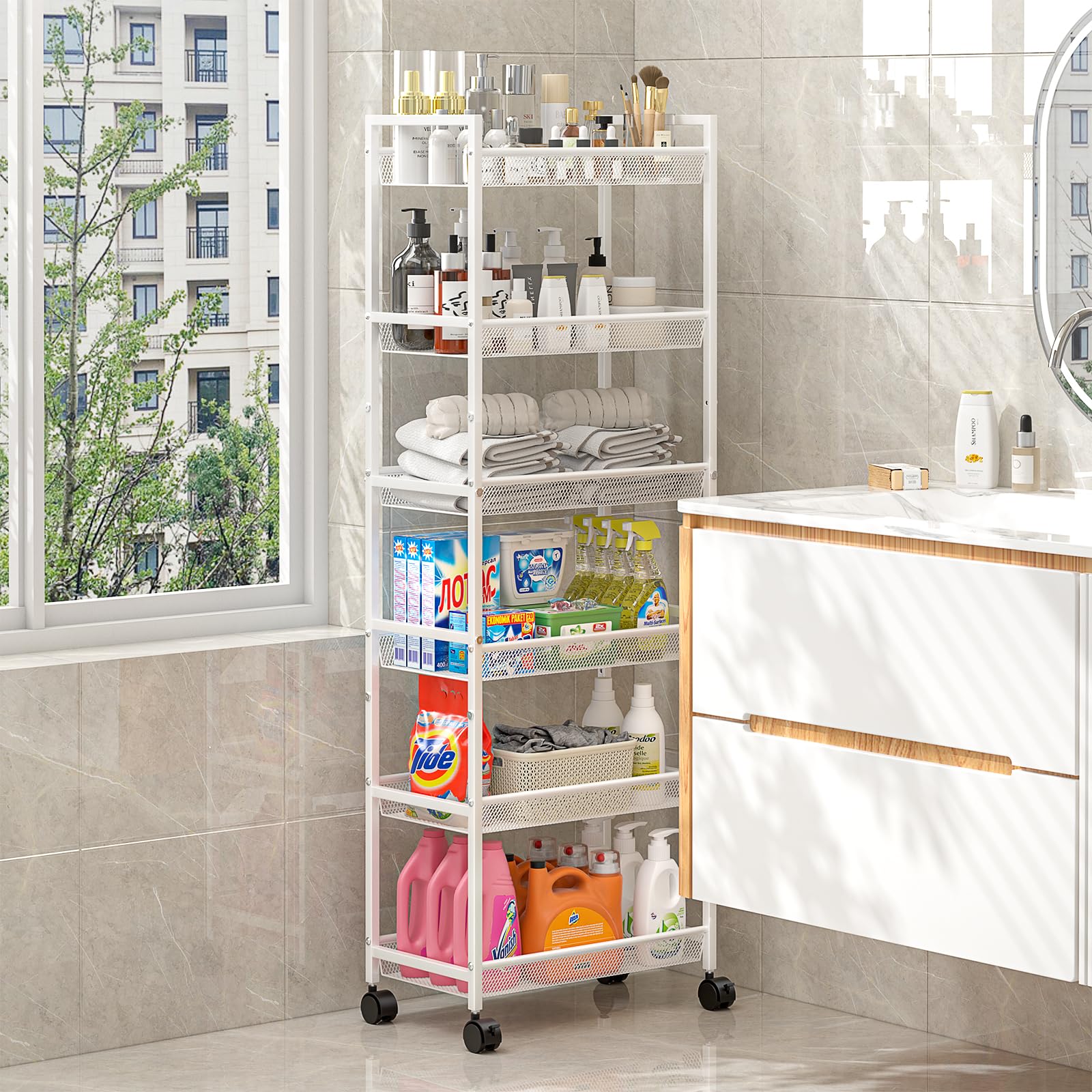 6 Tier Slim Rolling Storage Cart, Narrow Mobile Shelving Unit Organizer Utility Cart with Wheels