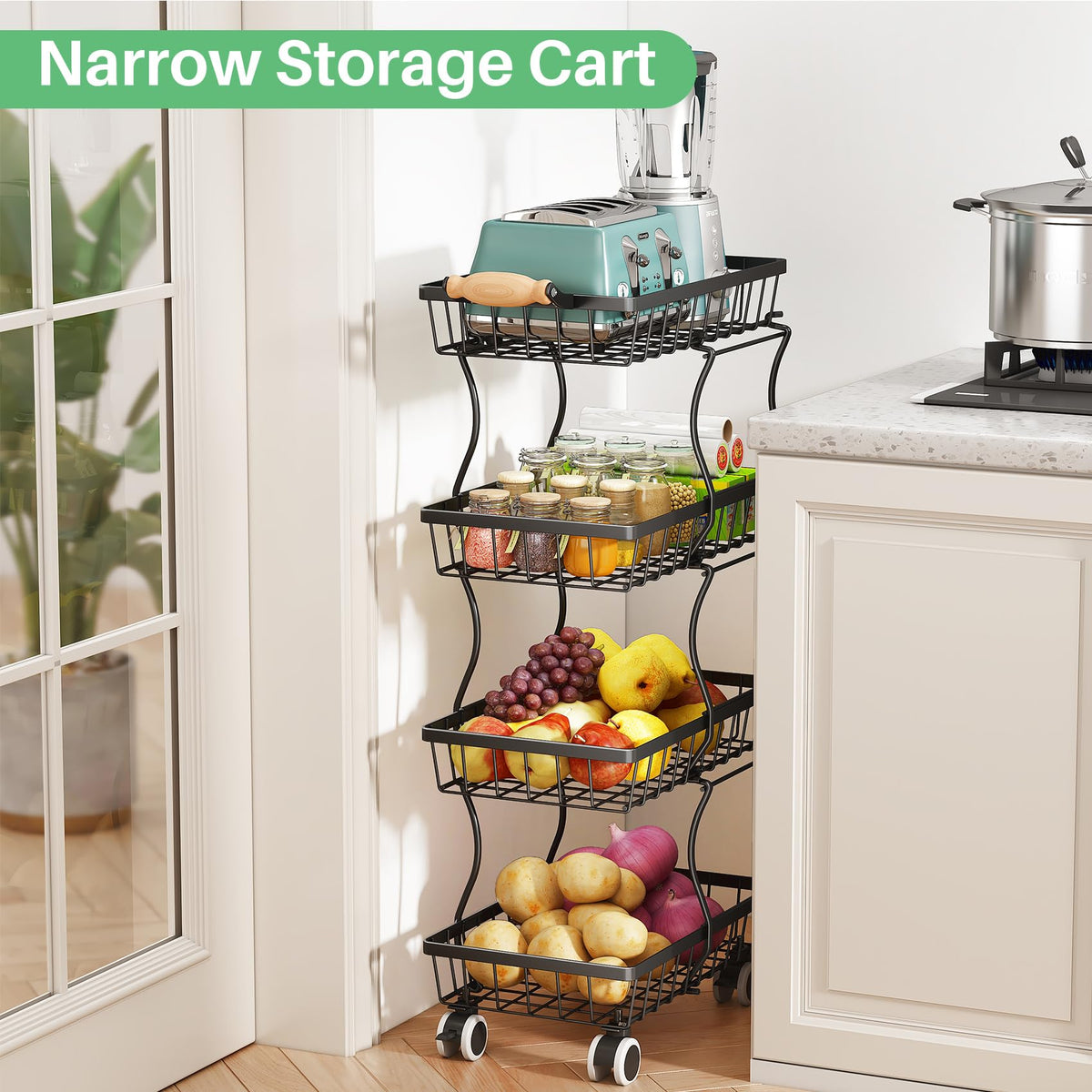 SAYZH 4-Tier Fruit Basket Stand with Vegetable Baskets for Kitchen, Black