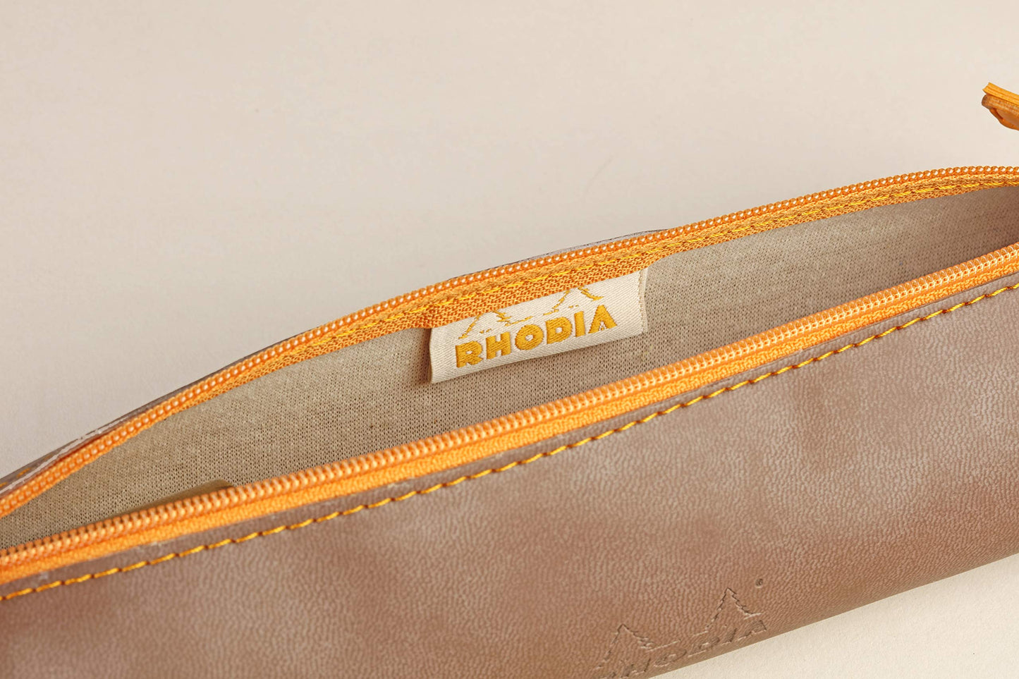 Rhodia 318894C - Rhodiarama Taupe Round Pencil Case - 21.5 x 5.5 cm - Genuine Orange Stitching