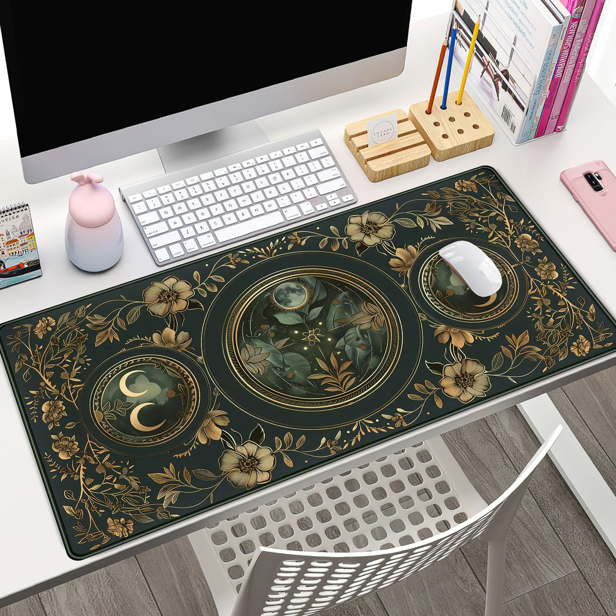 Celestial Art Nouveau Botanical Desk Mat Gold Moon Large Mouse Pad Emerald Vintage Big Gaming
