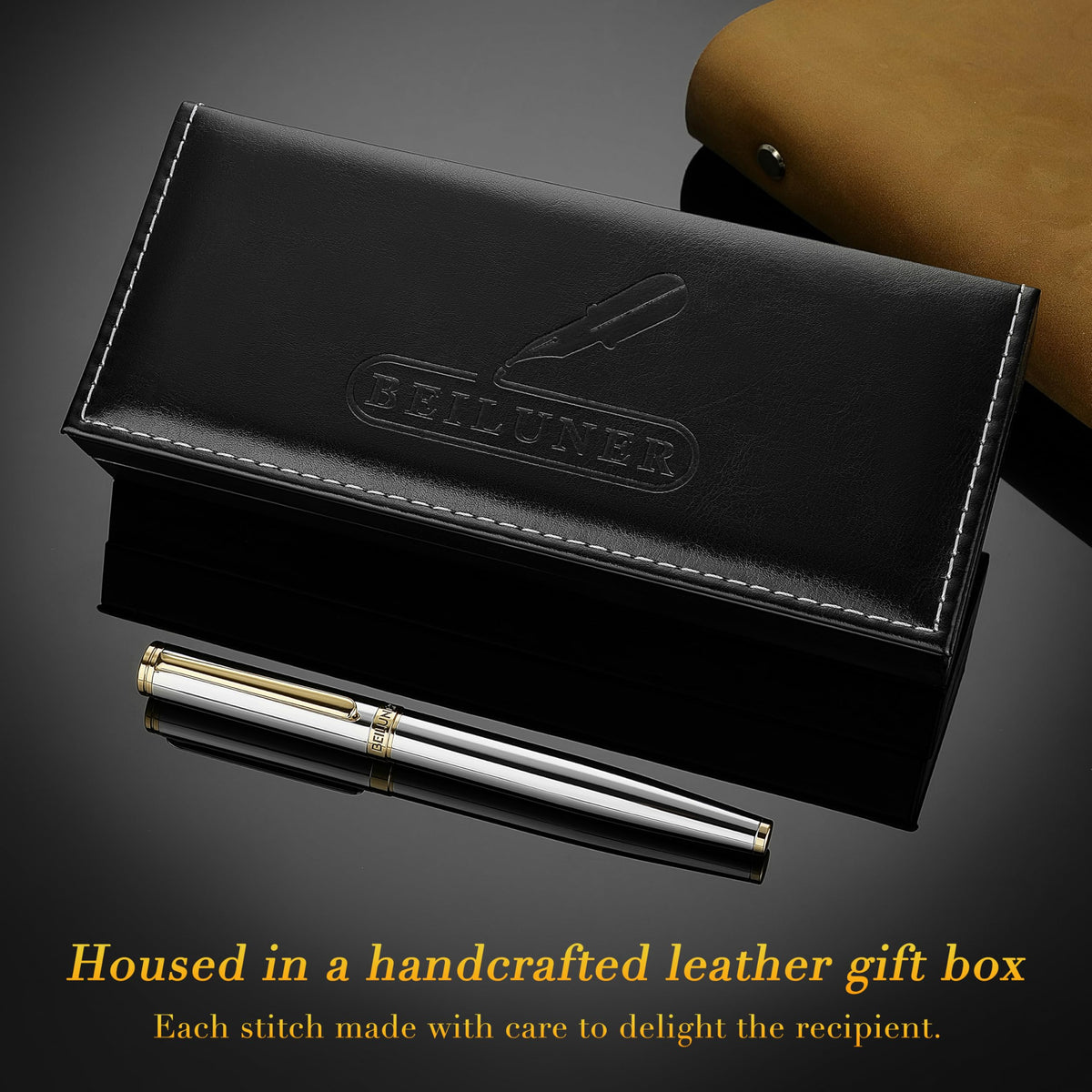 BEILUNER Silver Chrome Fountain Pen,Stunning Luxury with 24K Gold Accents, Gorgeous 24K Gilded