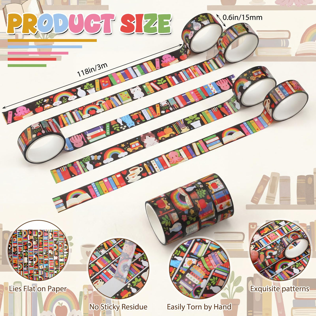 Janlaugh 24 Rolls Book Washi Tape for Craft, Reading Washi Tapes, Rainbow