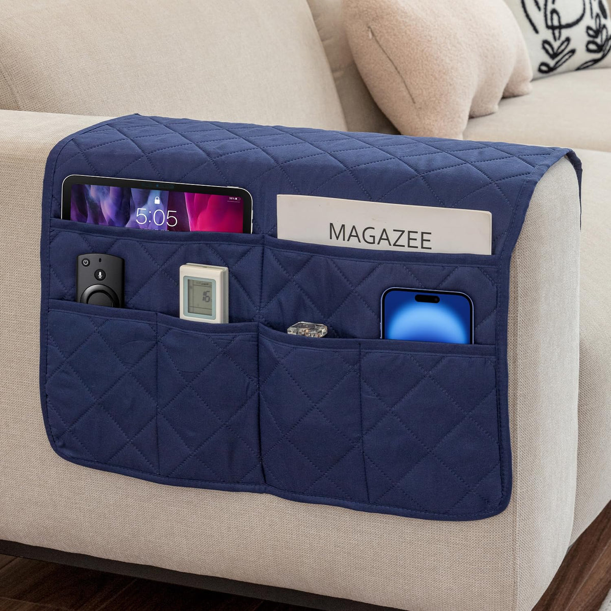 DECKALY Sofa Armrest Organizer with 6 Pockets, Non-Slip Couch Recliner Armchair Caddy, Washable