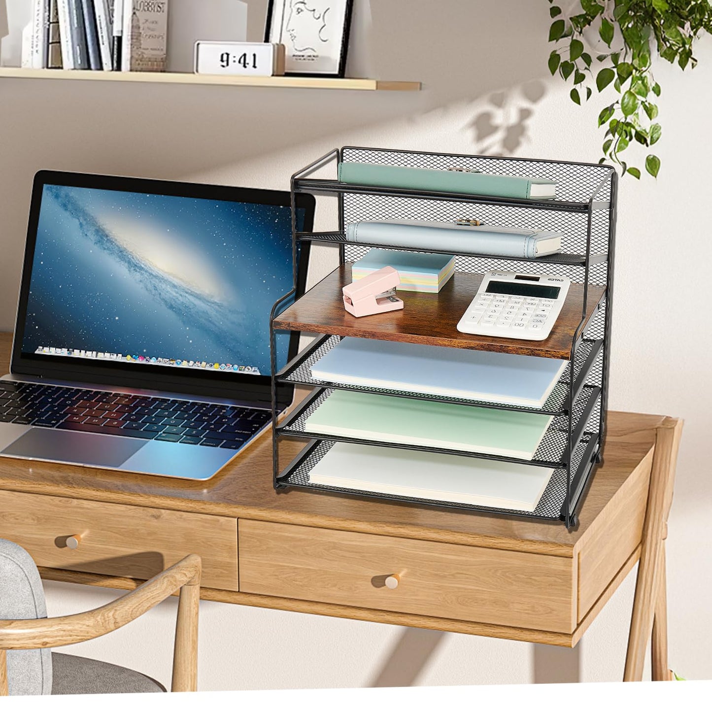 OPNICE Desk Organizer, 6-Tier Paper Organizer Letter Tray, Brown Wood