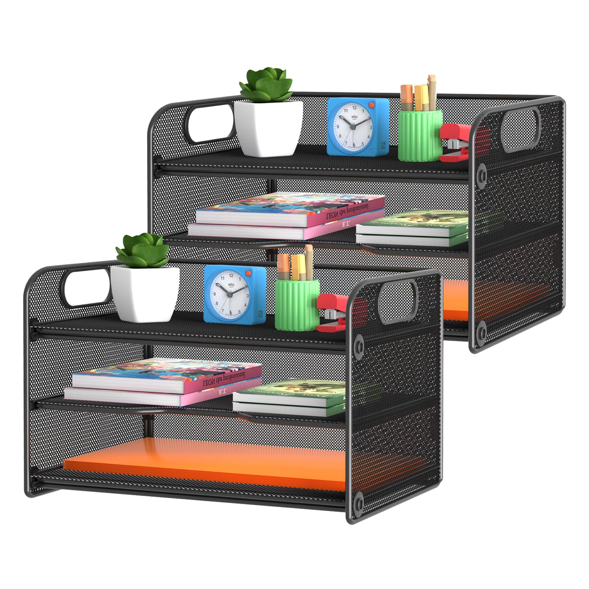 samstar 2 Pack 3 Tier Letter Tray Paper Organizer with Handle, Mesh Desk Organizer Paper Sorter