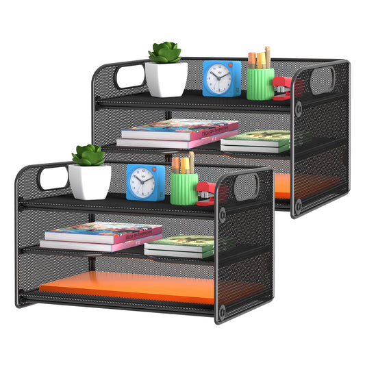 samstar 2 Pack 3 Tier Letter Tray Paper Organizer with Handle, Mesh Desk Organizer Paper Sorter