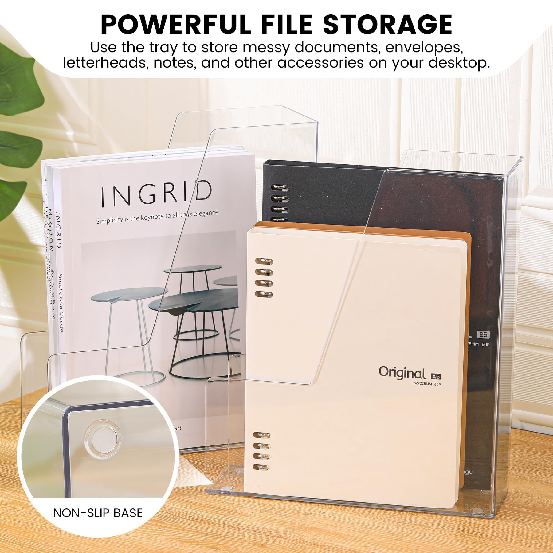 CiWiVOKi Vertical File Holder, Clear PET Desk Organizer and Storage Bins Holding for Magazines
