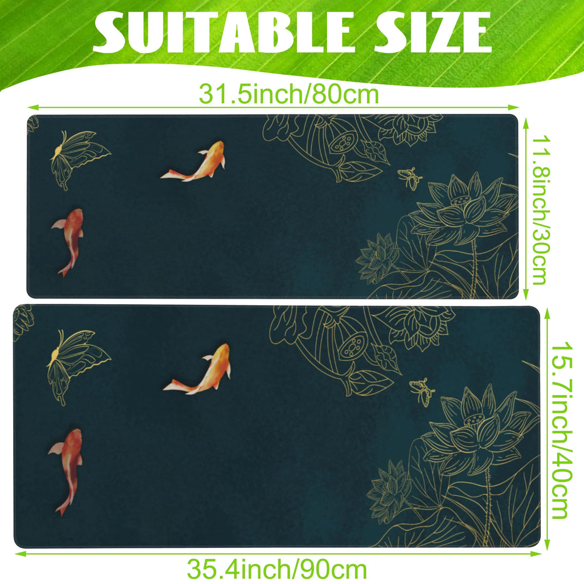 Eflxamz Large Gaming Mouse Pad, Koi Fish Ink Painting Desk Mat, Golden Line Lotus Desk Pad