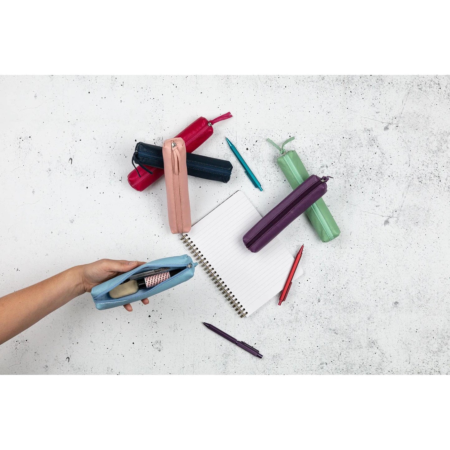 Clairefontaine - Coral Pink Slim Leather Pencil Case - 19.5 x 2.5 x 4cm, Genuine Lambskin Leather