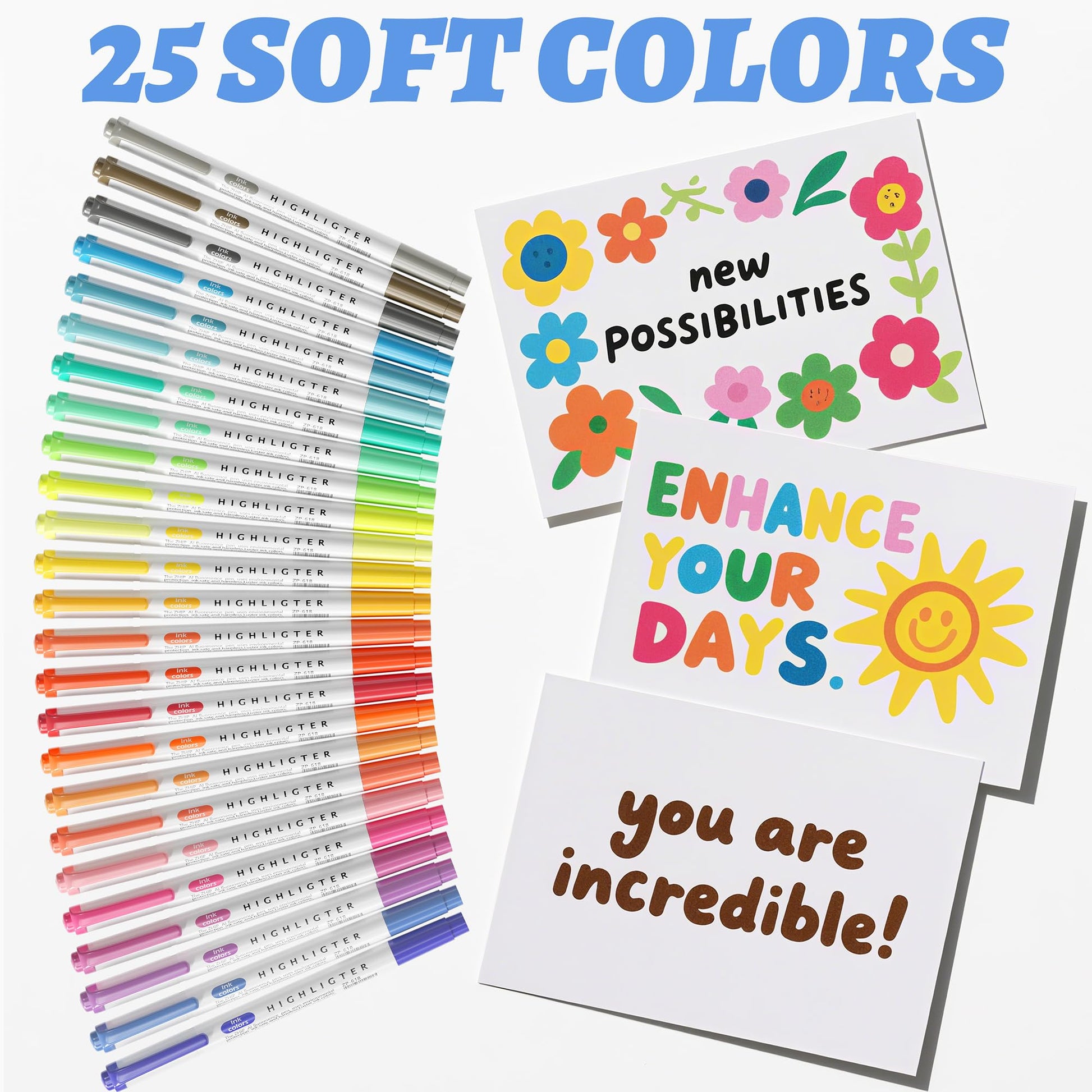 Zmcik Double Ended Highlighters with Soft Chisel Tip, 25-Pack Quick Dry Assorted Colors, Pastel