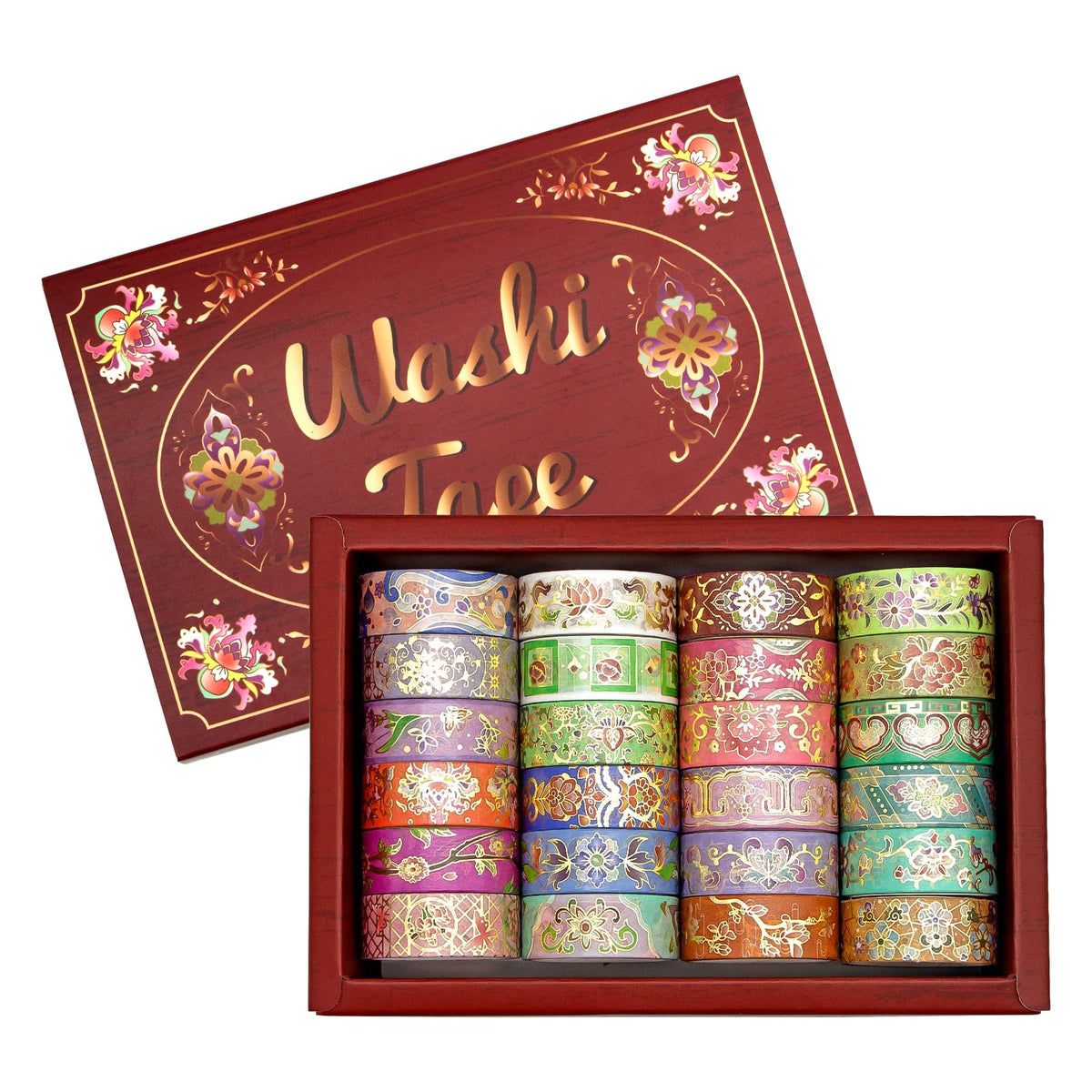 Washi Tape Set 24 Rolls Gold Foil Floral - Gift Box for Scrapbooking