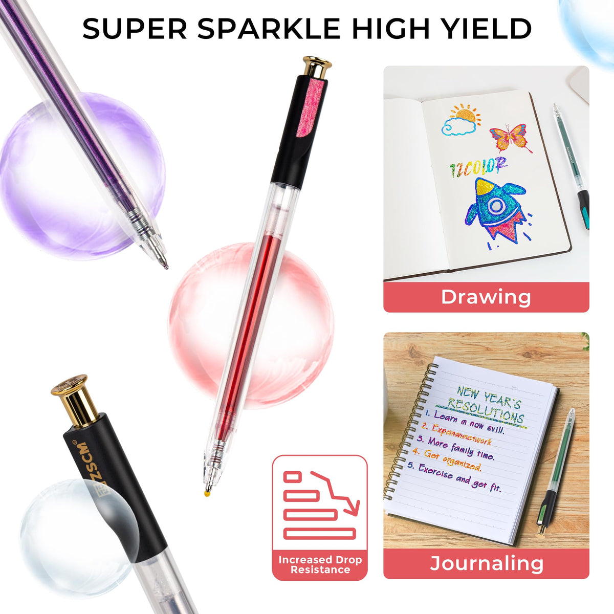 Retractable Aurasparkle Glitter Gel Pens, 12 Large Capacity Metallic Pens