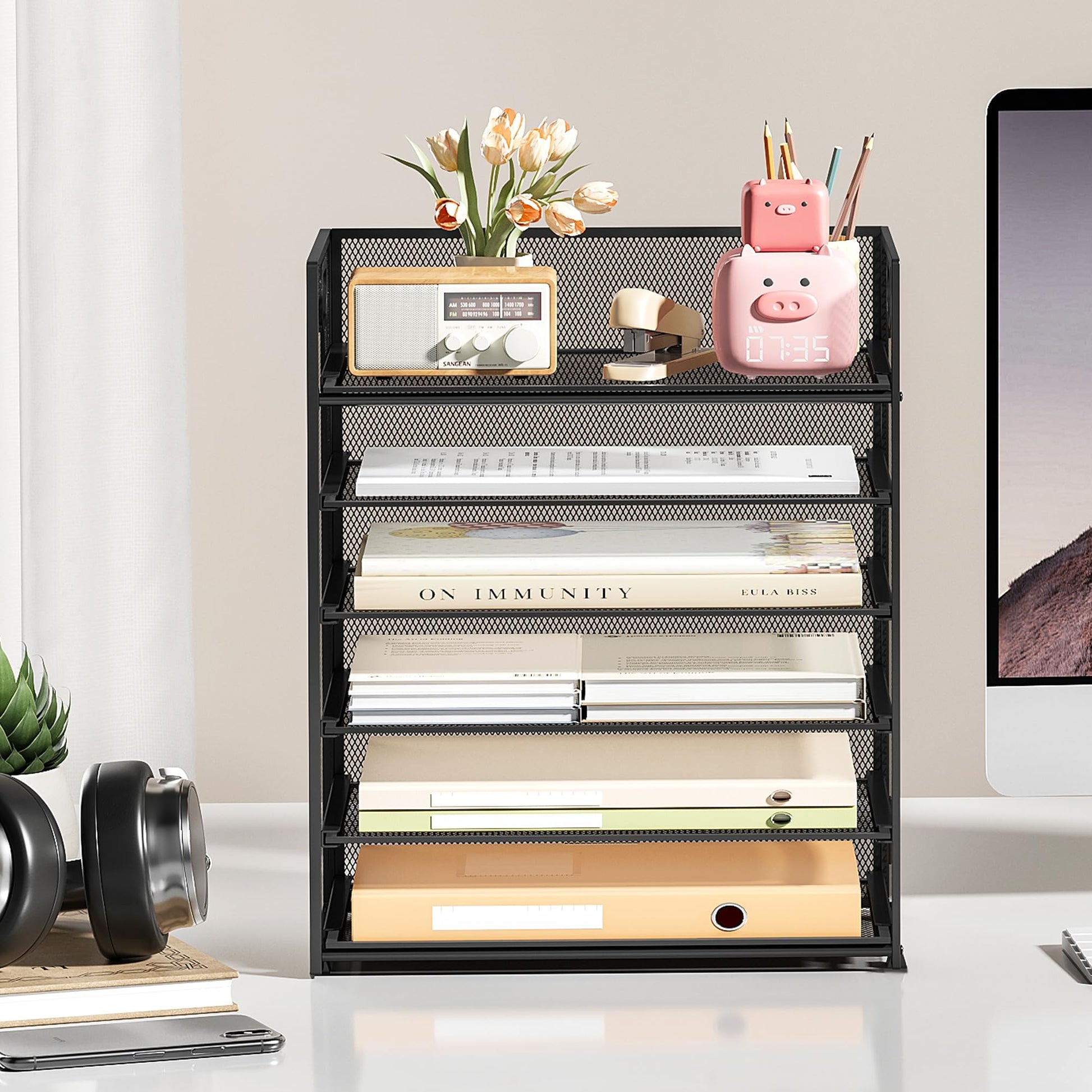 6 Tier Paper Organizer with Handle,Construction Teacher Desk Decor,Black