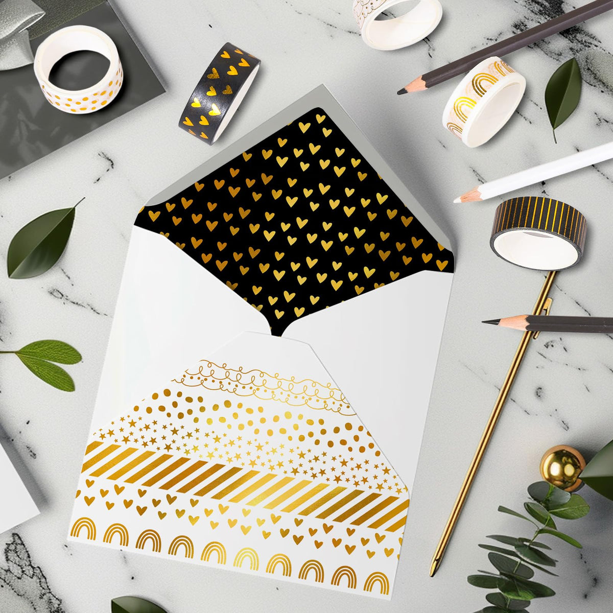 Whaline 12 Rolls Gold Foil Pattern Washi Tape Heart Dot Stripe Rainbow Masking Tape Set Decorative