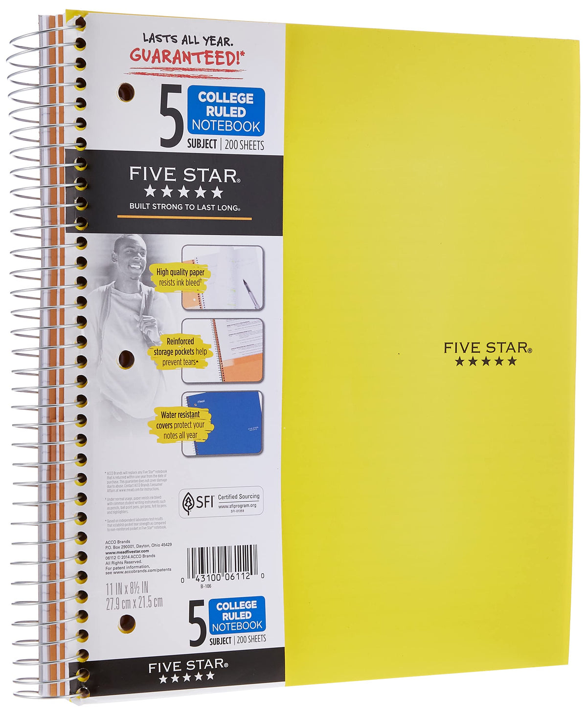 Five Star Spiral Notebooks, 5 Subject, College Ruled Paper, 200 Sheets, 11" x 8-1/2", Teal, Yellow
