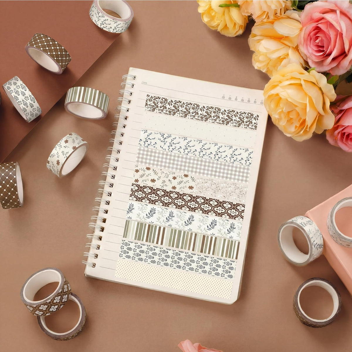 YooNotee 12 Rolls Floral Washi Tape Set,Vintage,Neutral