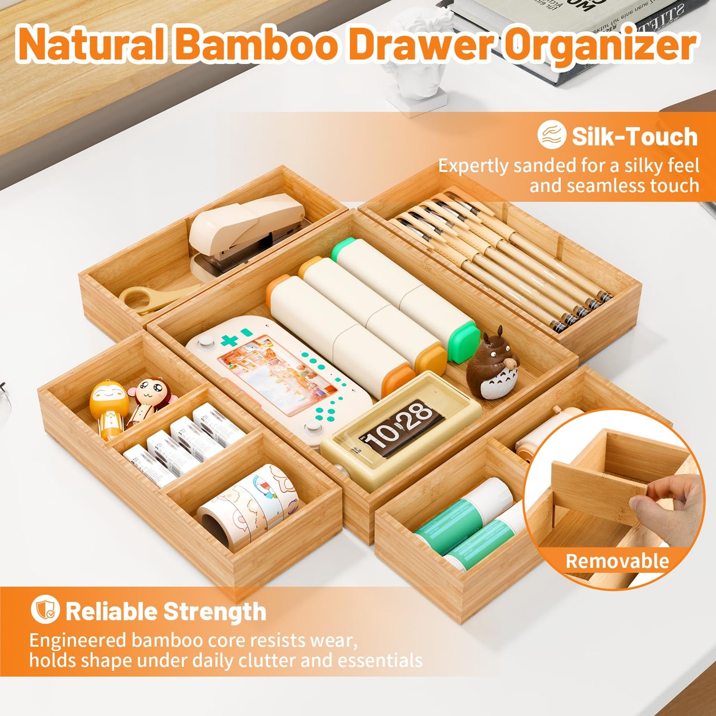 Bamboo Drawer Organizer, 10-Piece Stackable Trays with Removable Dividers