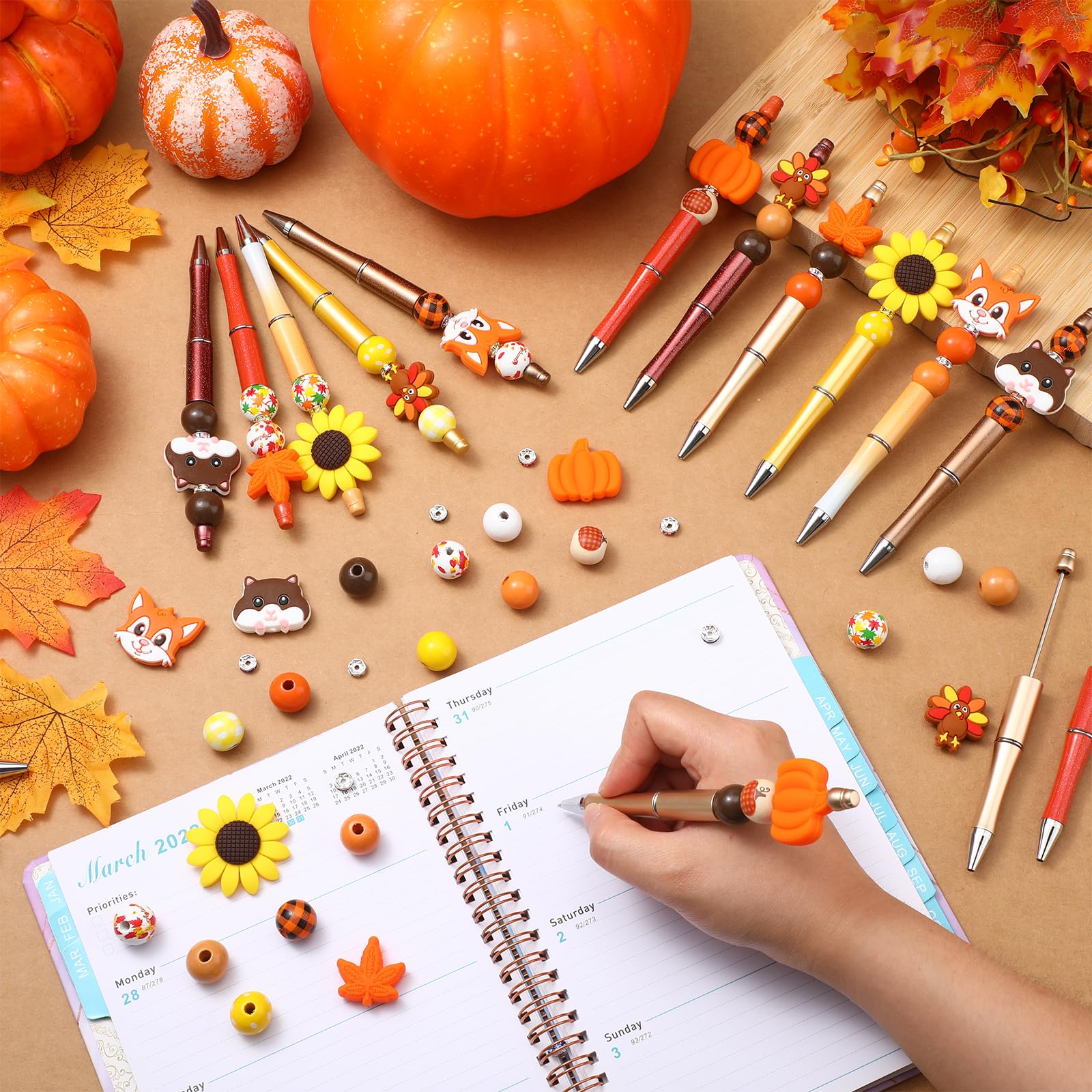 Ctosree 36 Sets Fall Thanksgiving Beadable Pens Beads Black Ink, Turkey