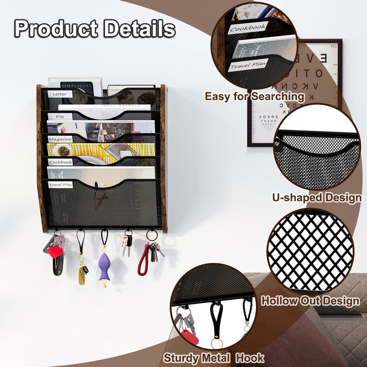 PAG-Mass Wall File Organizer With Hooks, 5 Tier Mesh Mail Organizer Wall Mounted,Hanging File
