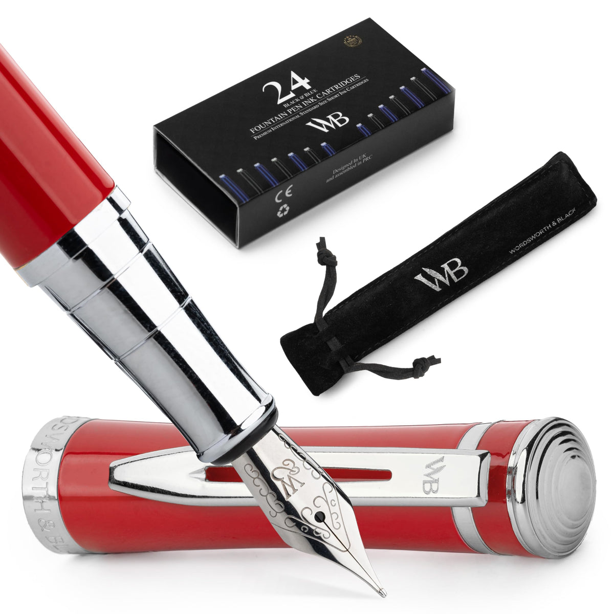 Wordsworth & Black Luxury Fountain Pen Set for Writing, Medium Nib, Red