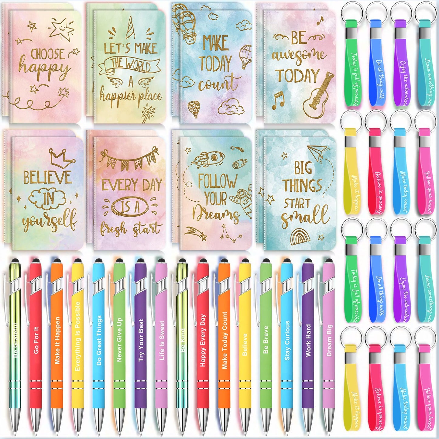 PerKoop 48 Pcs Inspirational Gifts Bulk Motivational Employee Notepads Ballpoint Pens Keychains Set