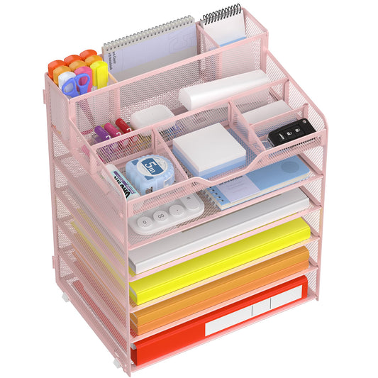 Docnest 6 Tier Mesh Desk Organizer with Letter Tray & Paper Sorter, Pink
