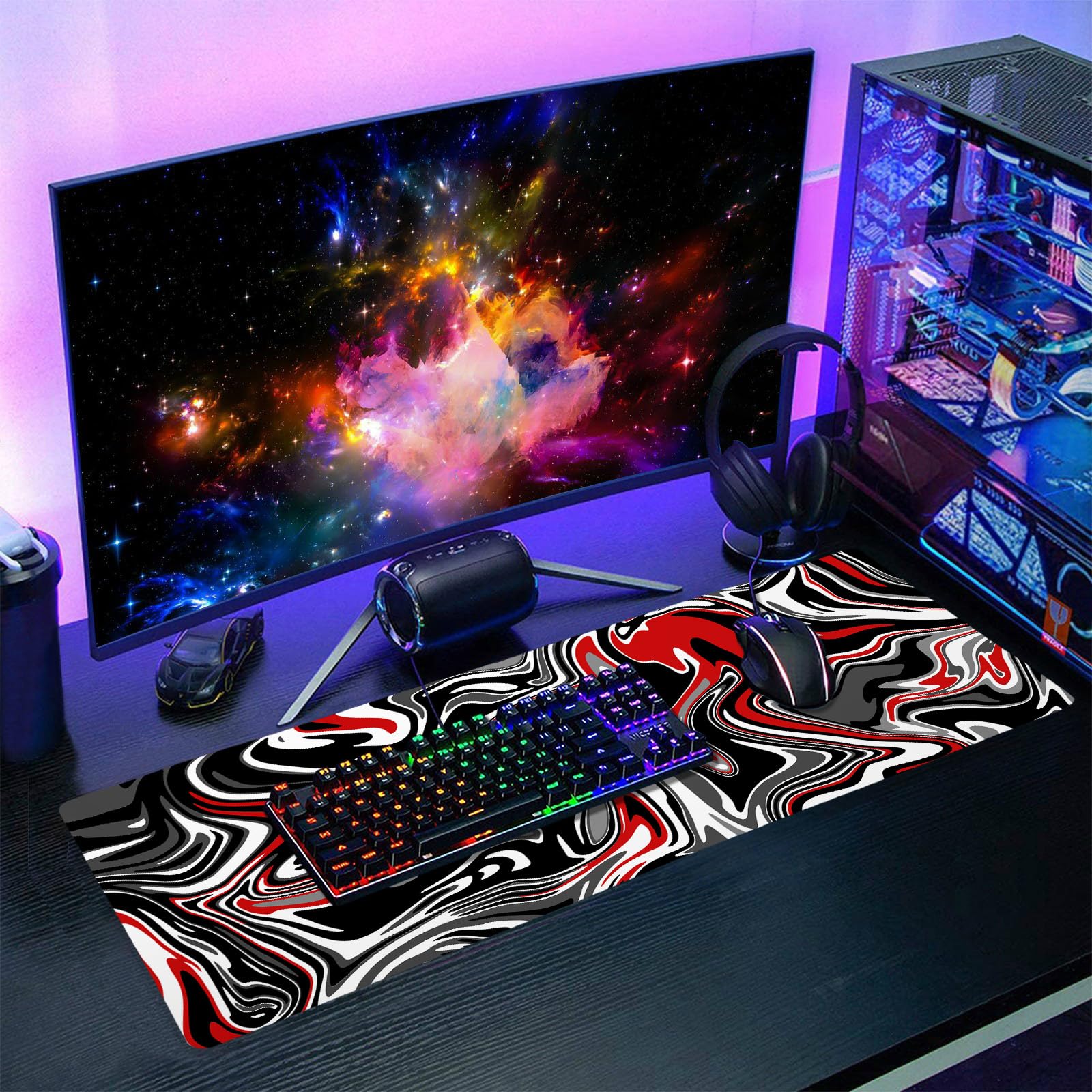 aportt Black Red Swirl Gaming Mouse Pad XL Gray Marble Grey Fluid Design Extended Large Mat