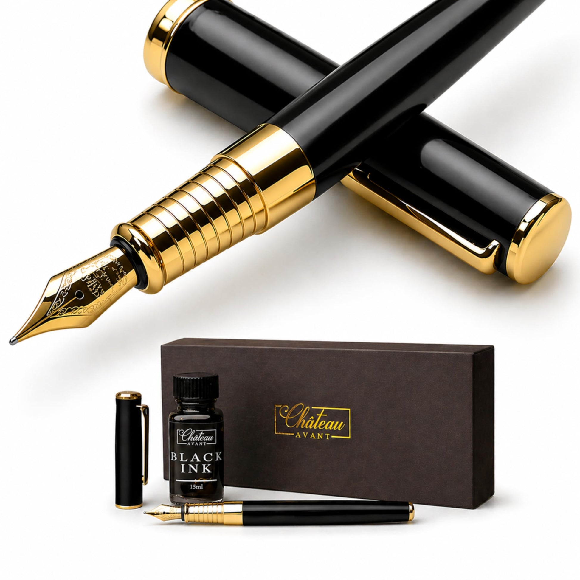 Château Avant Fountain Pen Set | Refillable Black Fountain Pen with Black Ink Bottle, Fine Nib, and