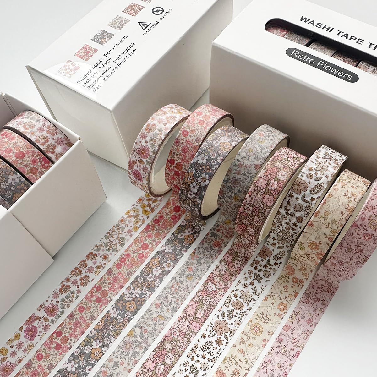 YUBX Vintage Washi Tape Set 8 Rolls Thin Retro Decorative Antique Patterns Masking Tapes for Arts