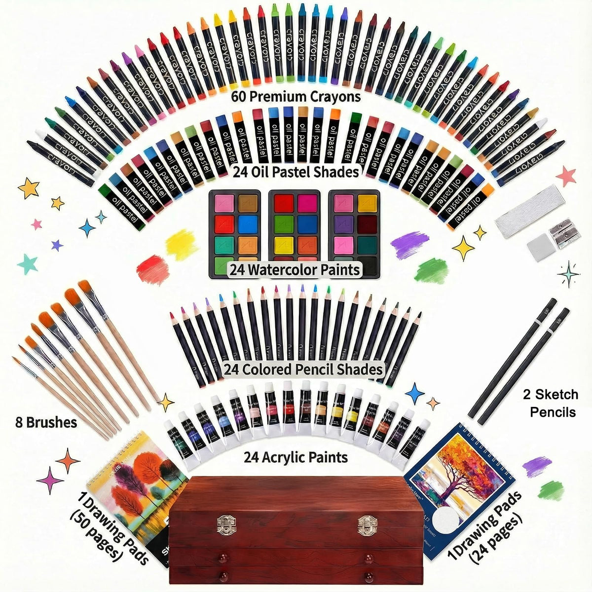 COOL BANK Wooden Deluxe Art Set with Acrylic Paints Colored Pencils & Drawing Pads, Holiday