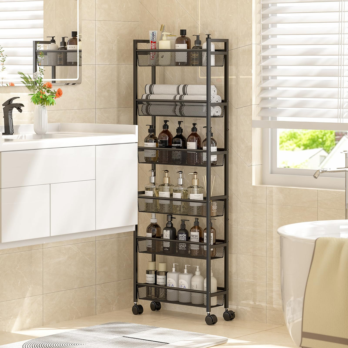 ThreeHio 6 Tier Slim Storage Cart, Narrow Cart with Wheels, Metal Mobile Shelving Unit Organizer