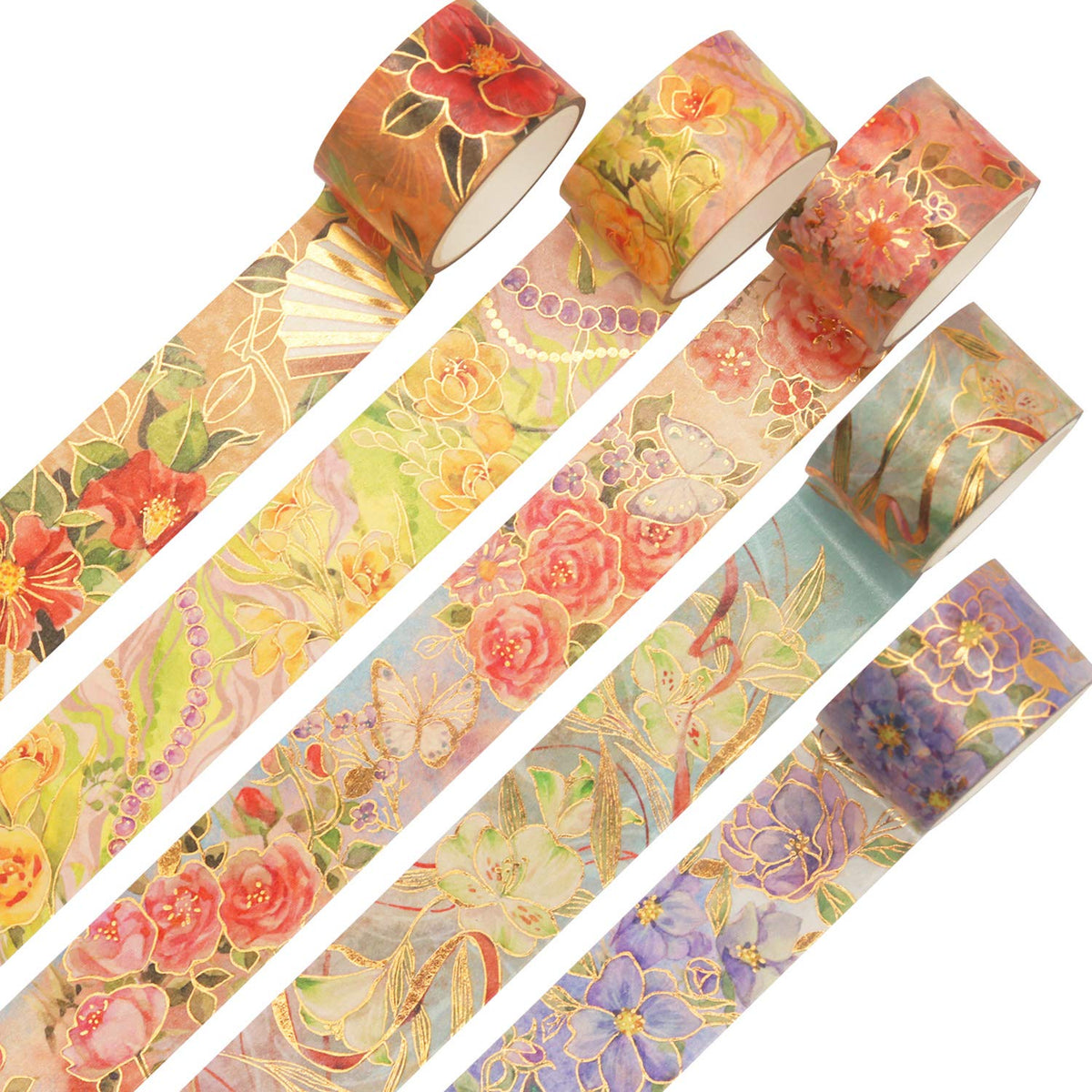 YUBBAEX Blooming Washi Tape Set Gold Foil Masking Tape Peony Wide Decorative for Arts, DIY Crafts