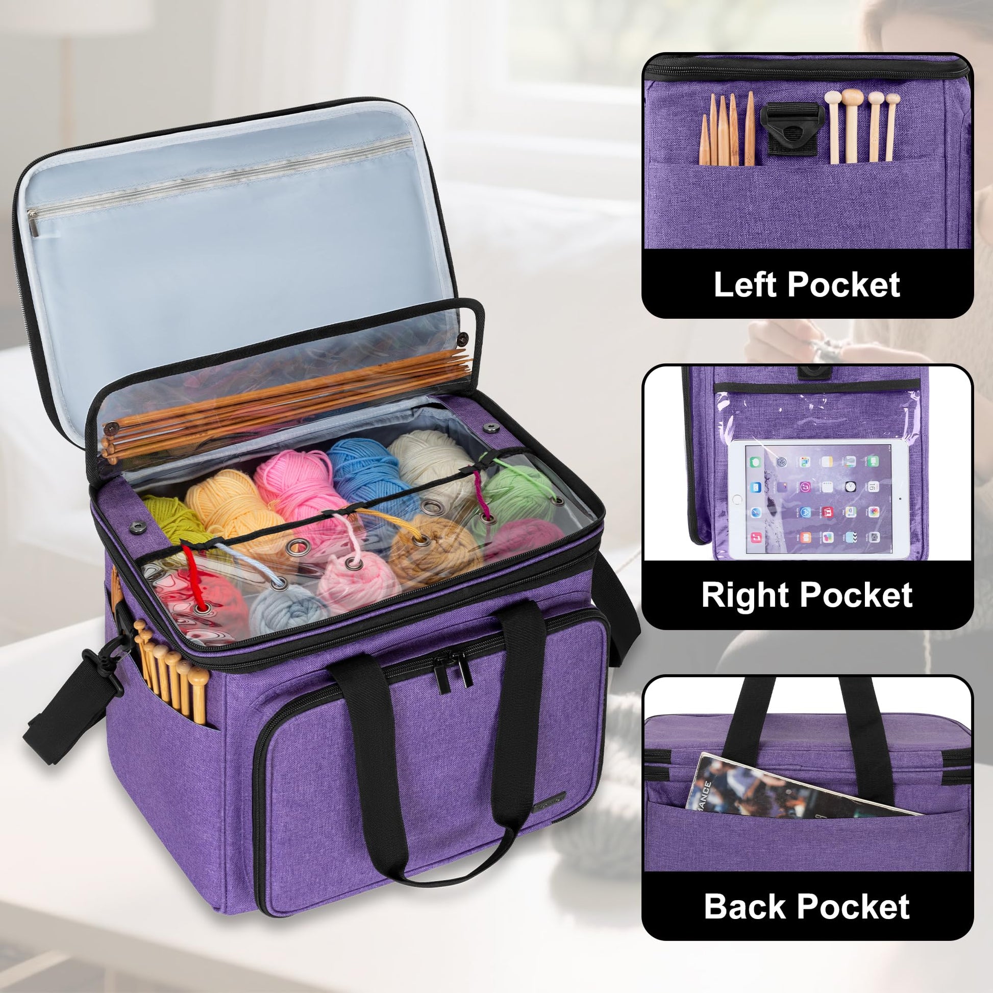 Teamoy Crochet Bag, Knitting Bag Yarn Storage Tote, Yarn Organizer, Purple
