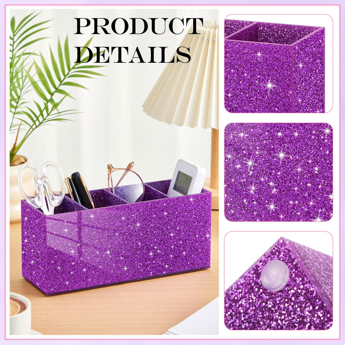 Jetec Acrylic Pen Holder for Girl Desktop, 4 Compartments, Sparkly Purple