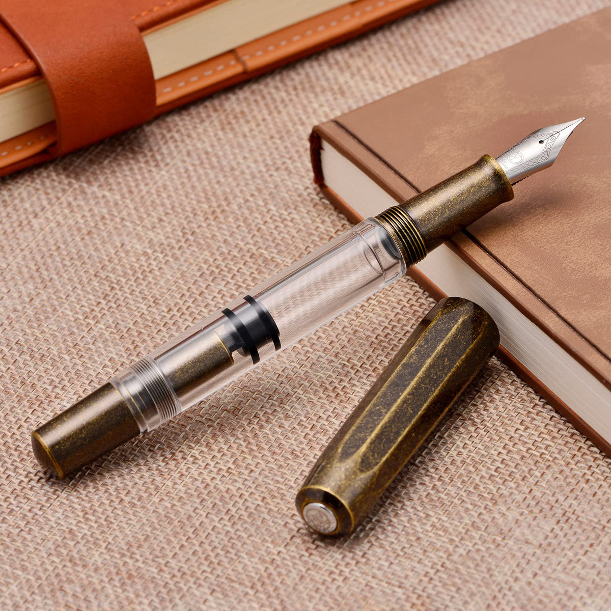 Majohn T1 Piston Fountain Pen Fine, Vintage Brass Transparent Acrylic Large Ink Capacity Writing