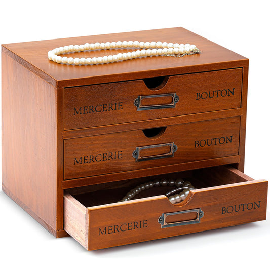 Wesiti Wooden Desk Organizer, 3 Drawers, Vintage Makeup Cabinet, Brown