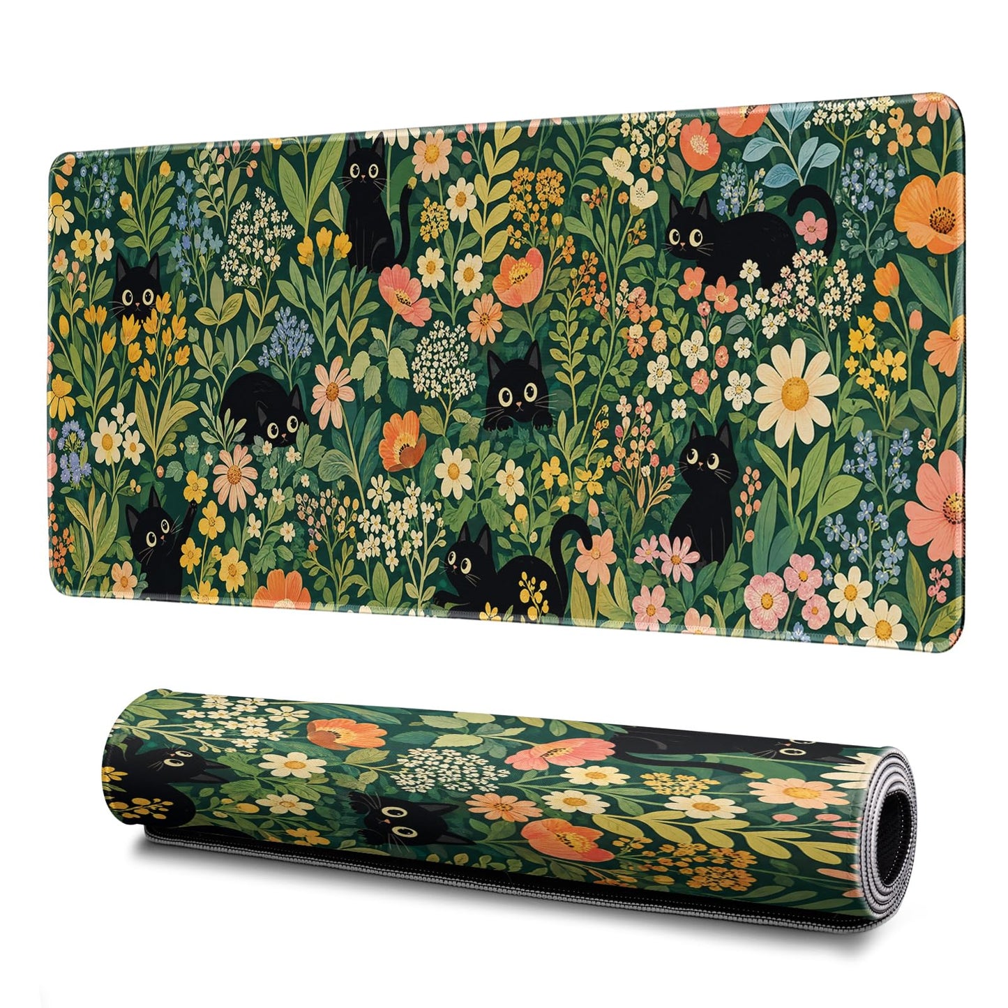 Cute Flower Cat Mouse Pad Abstract Flower Mouse Pad 31.5x11.8 Inch Texture Non-Slip Rubber Base