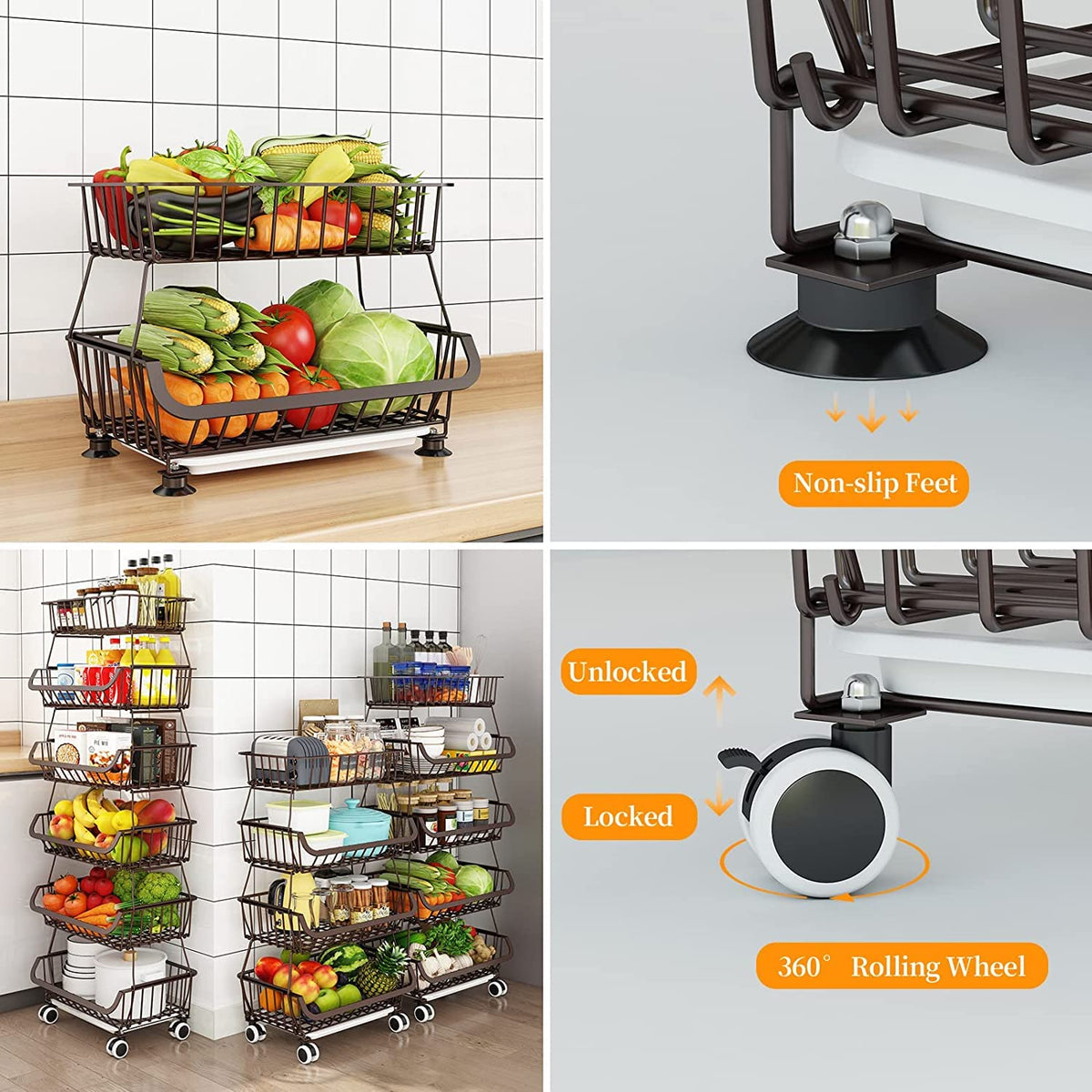 Piggy-G Fruit Vegetable Storage Basket with Wheels Kitchen Rack 6-Tier Stackable Floor-Standing
