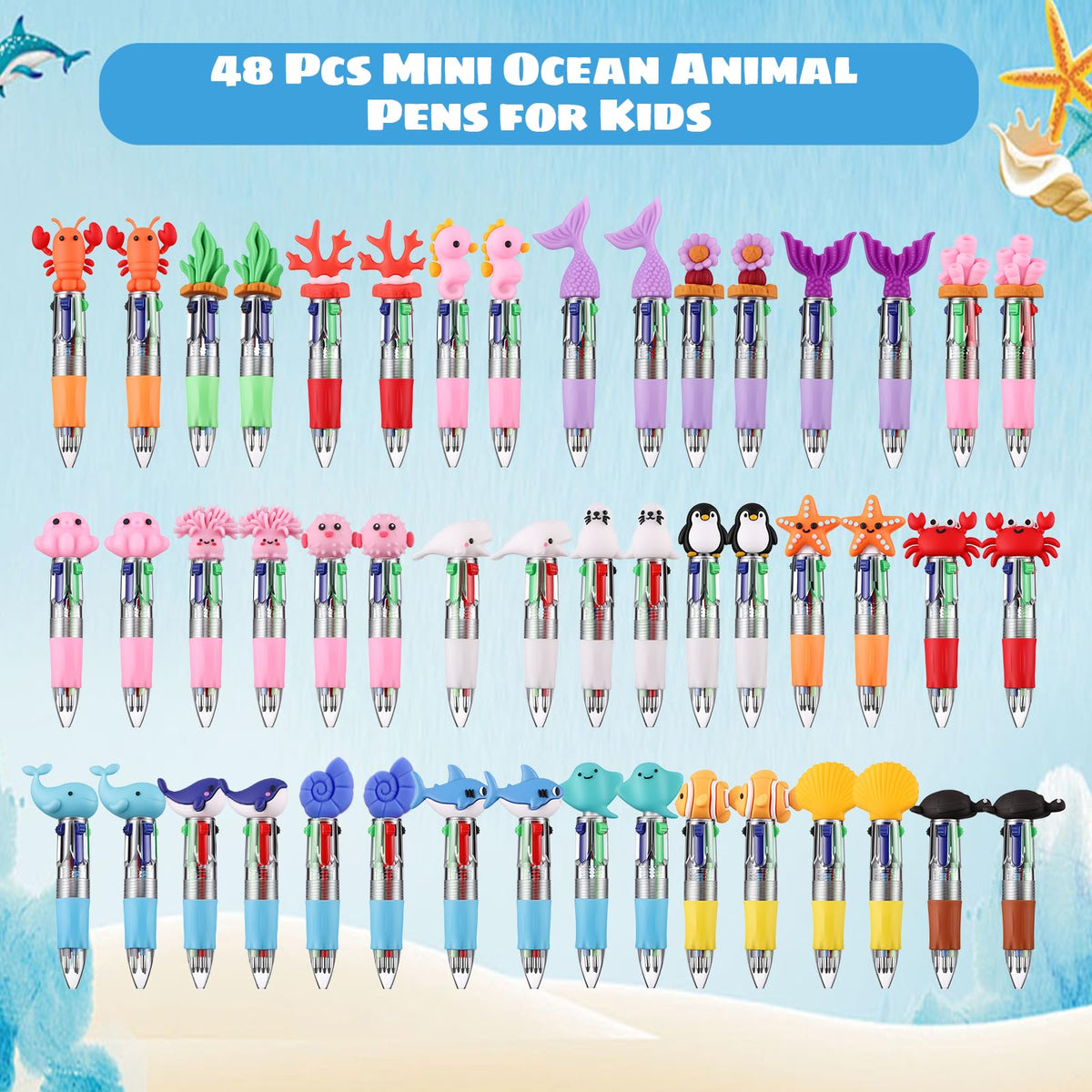 BESARME 48 Pcs Ocean Pens for Students, 4-in-1 Cute Pen Gifts