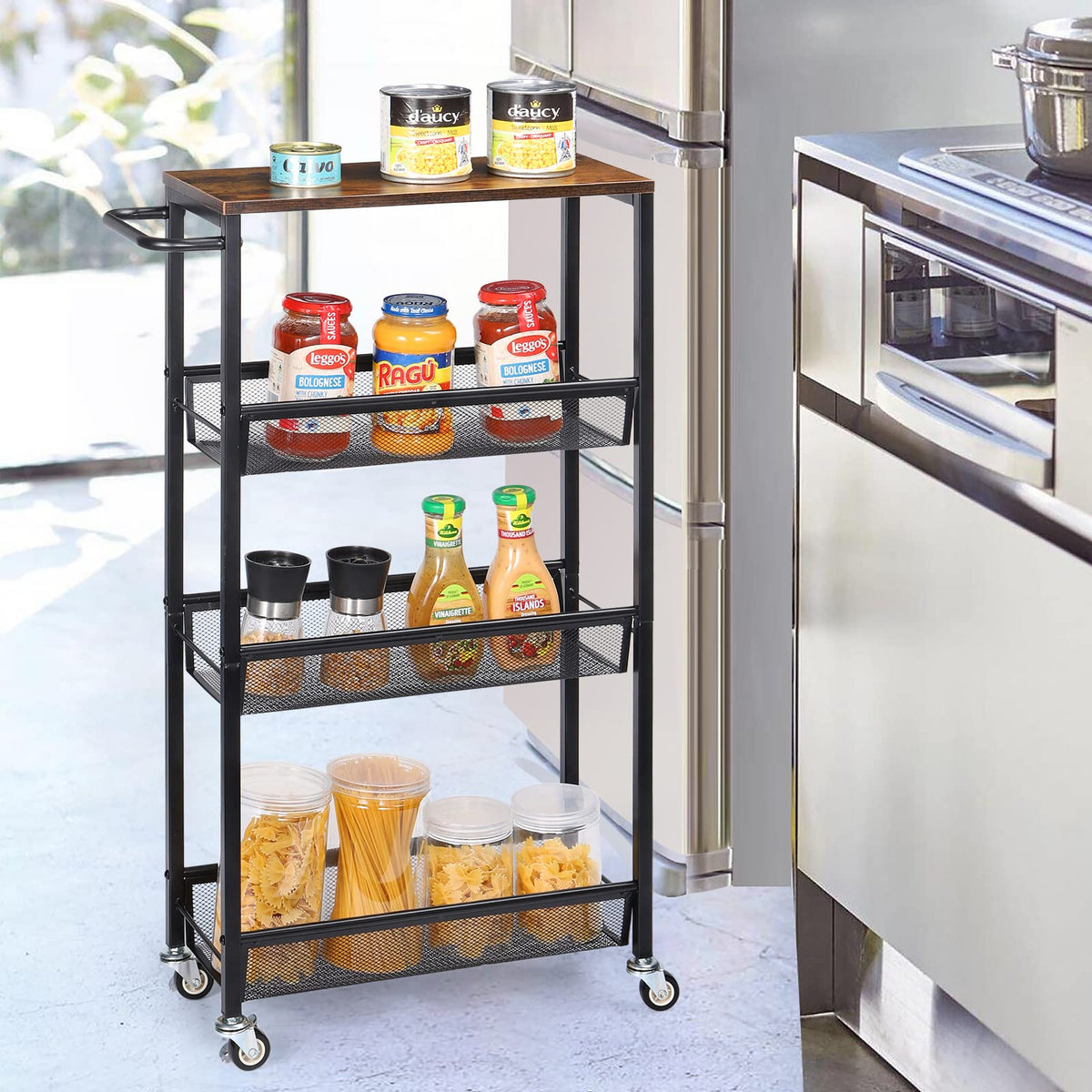 MOOACE Slim Storage Cart, 4 Tier Rolling Kitchen Shelving Unit on Wheels Mobile Narrow Cart with