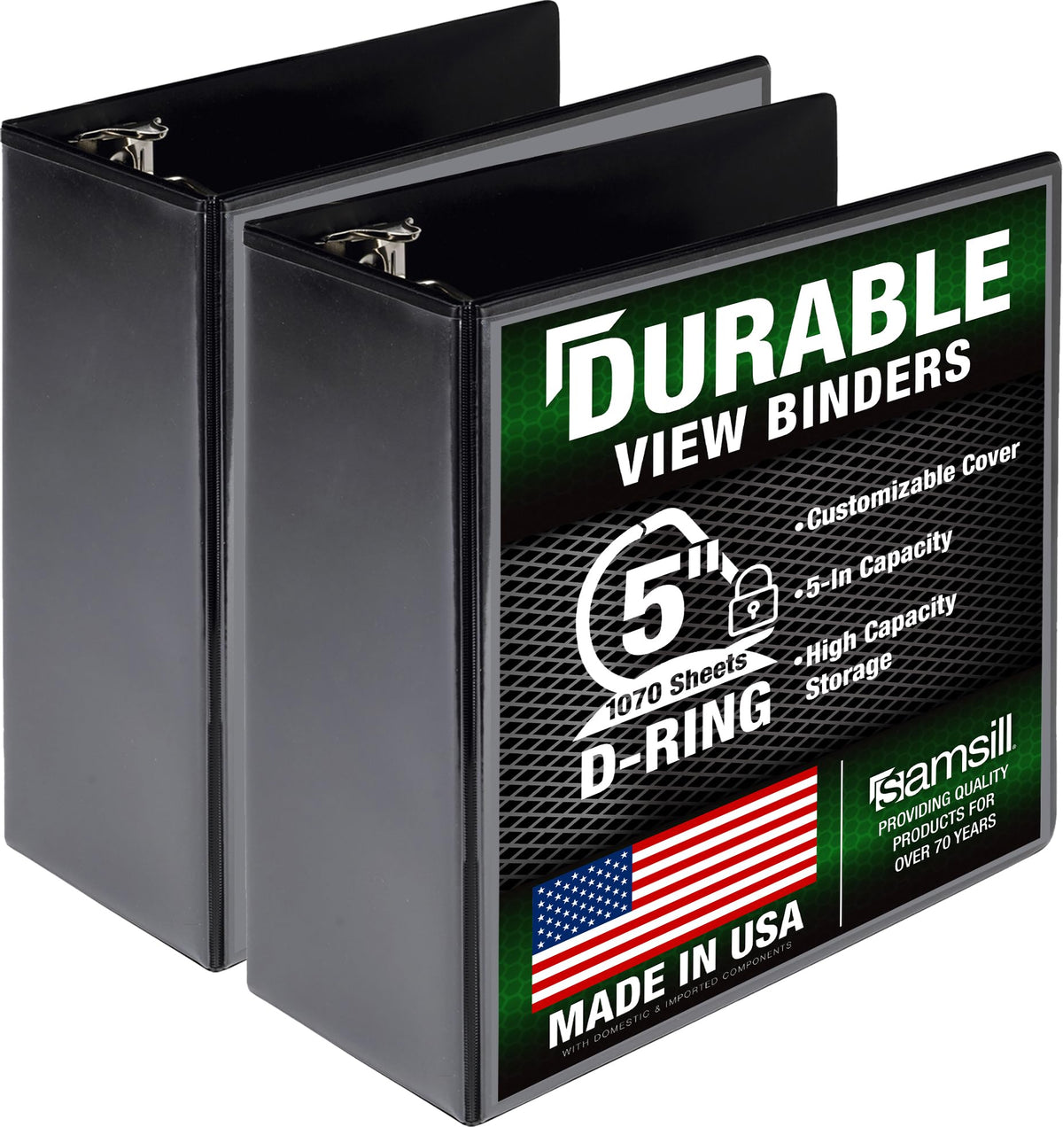 Samsill Durable 5 Inch 3 Ring Binder, D Ring Binder, Customizable Clear View, Black, 2-Pack, Holds