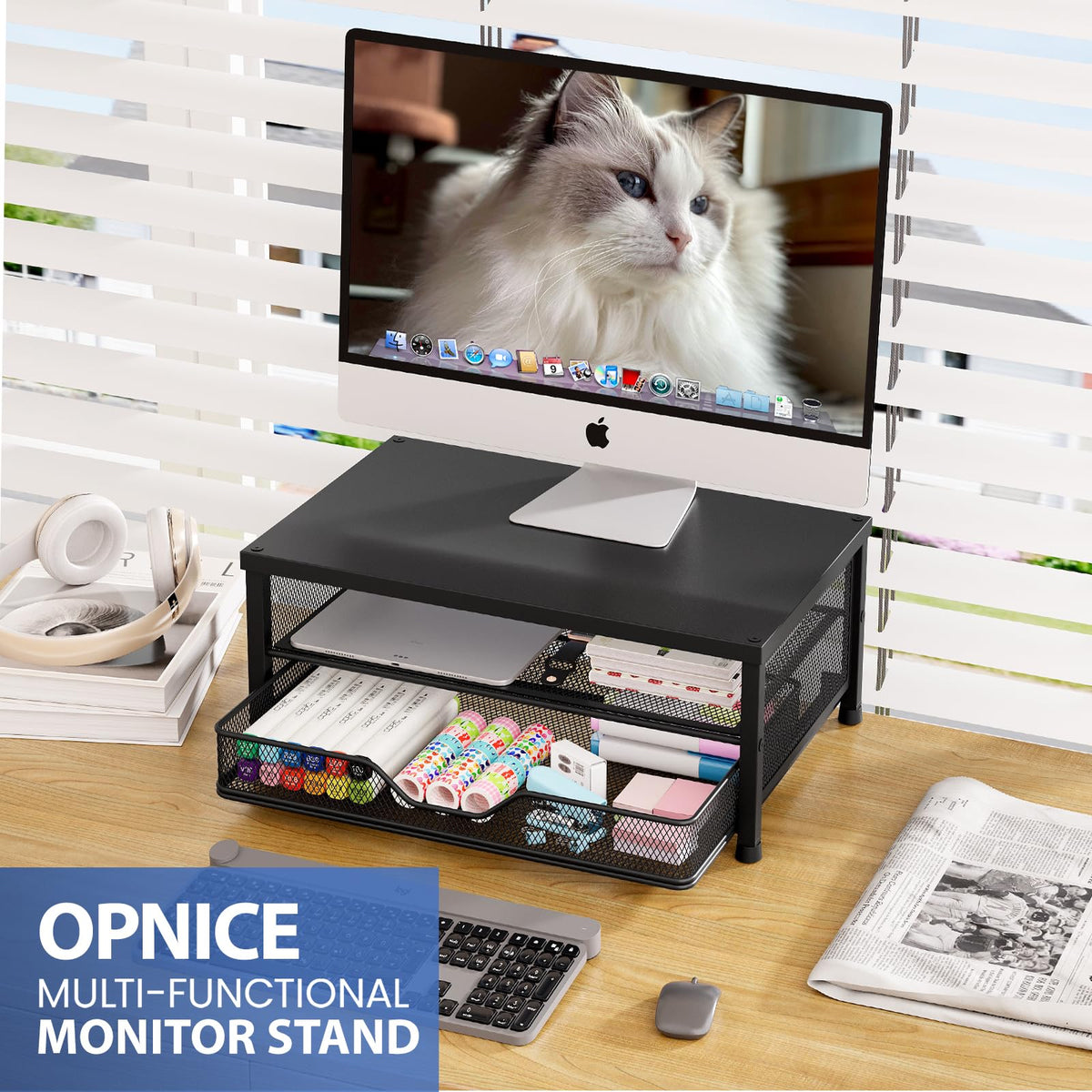 OPNICE Computer Monitor Stand Riser, Desk Organizer with Drawer, Printer & Laptop Stand, Office