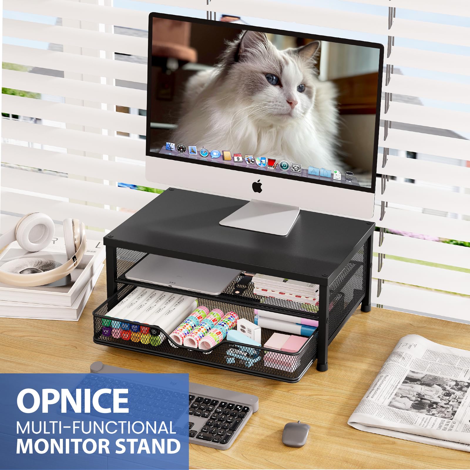 OPNICE Computer Monitor Stand Riser, Desk Organizer with Drawer, Printer & Laptop Stand, Office