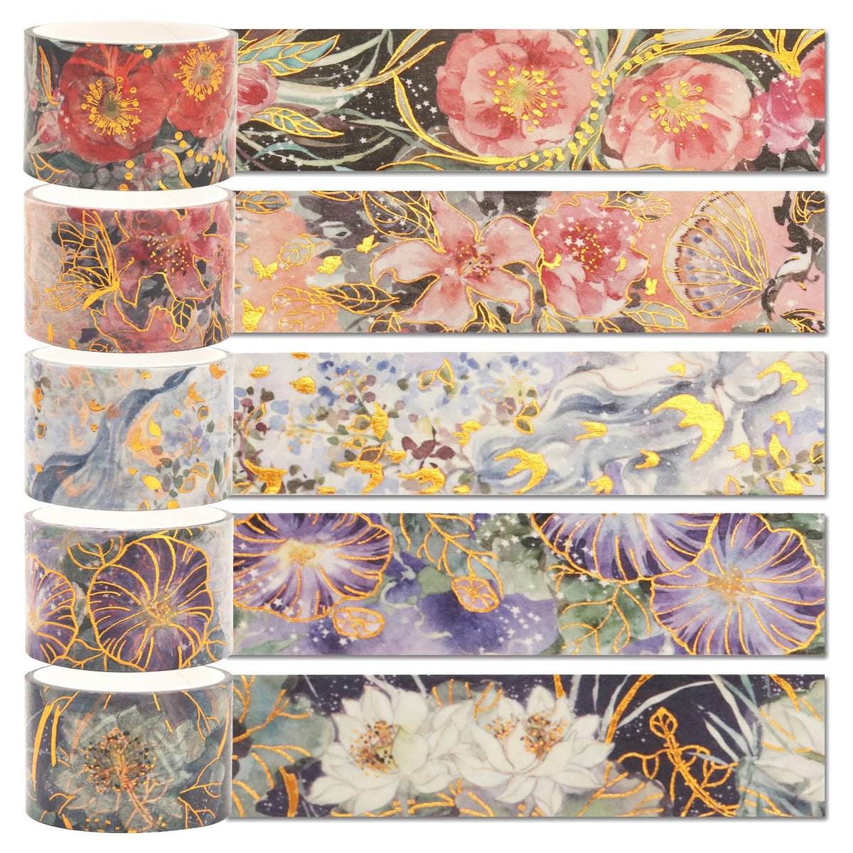 YUBBAEX Blooming Washi Tape Set Gold Foil Masking Tape Peony Wide Decorative for Arts, DIY Crafts