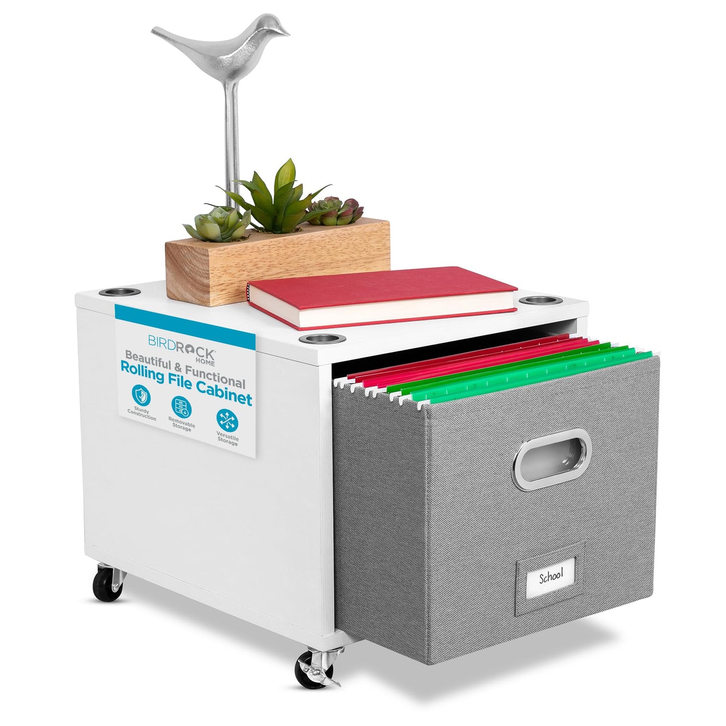 BIRDROCK HOME Rolling File Cabinet – Decorative Storage Shelf w/Removable Bins, Handles, and Wheels