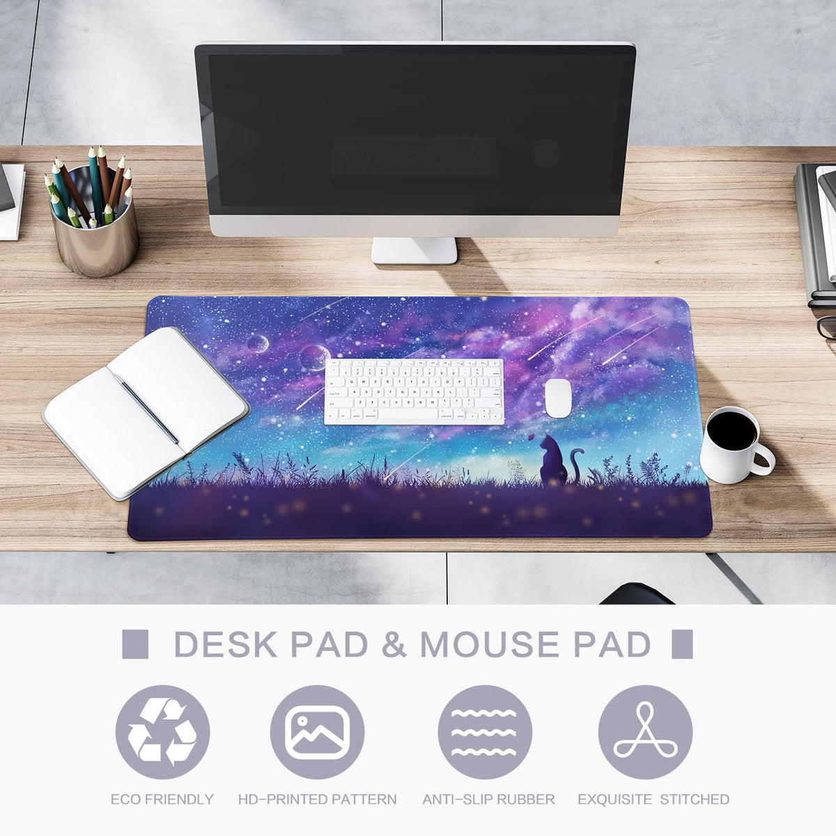 Purple Gaming Mouse Pad XL Cat Cute Desk Pad Keyboard Mat Kawaii Cat Sky Mouse Pad Blue Desk Mat