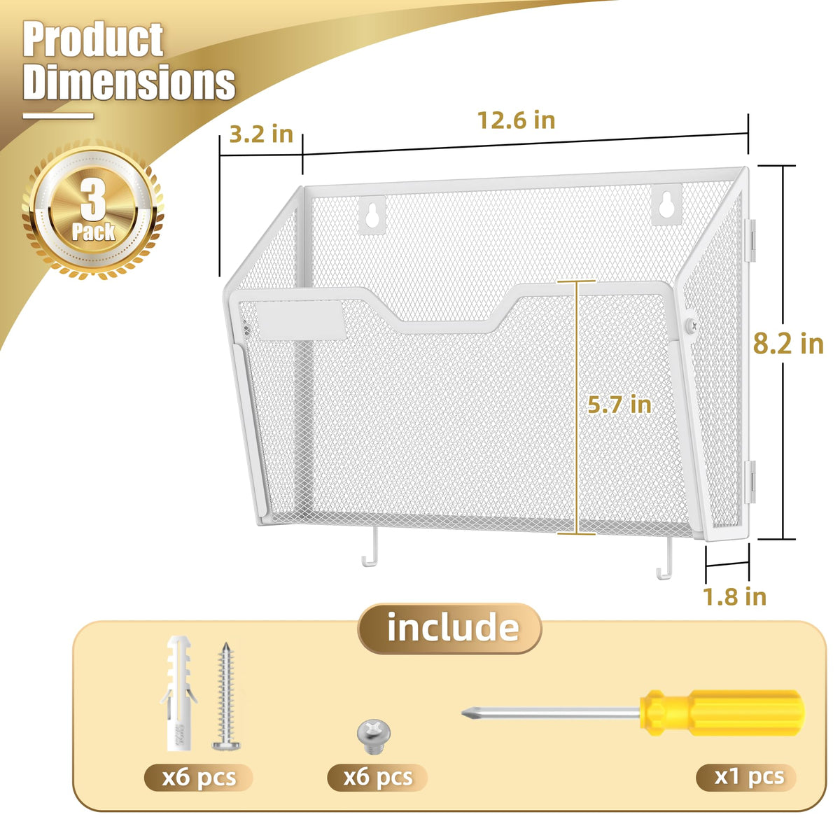 Docnest 3 Pack Mesh Wall File Holders with Hooks for Mail, White