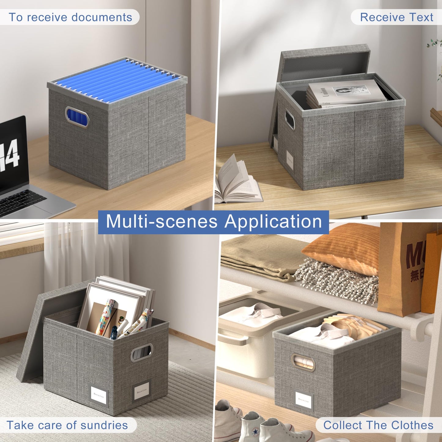 GRSQYS File Box with Lid, Grey, 13.2 * 10.1 * 10.1in (4Pack)
